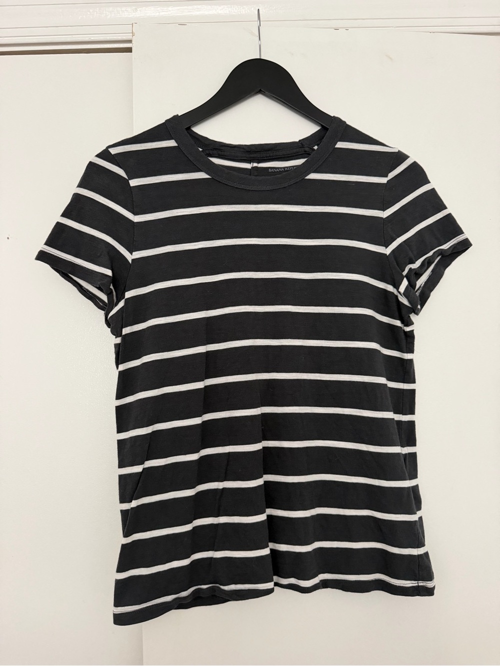 Black/Very Dark Grey & White Striped Crewneck Tee - Women's Top